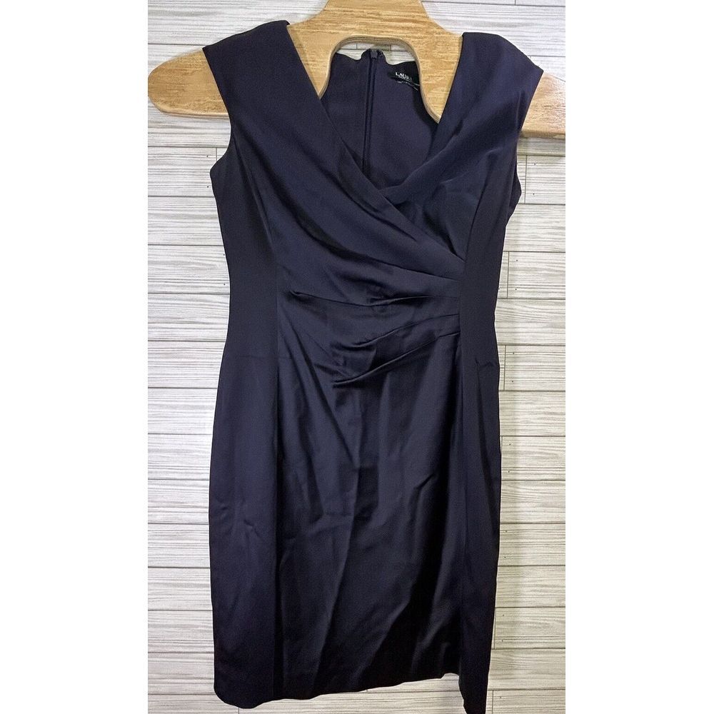Ralph Lauren Stretch Satin Charmeuse Sheath‎ Dress 10 Surplice Bodice Blue